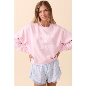 NEW Double Zero Sunshine & Coffee Pink Graphic Fleece Sweatshirt Cozy Lounge